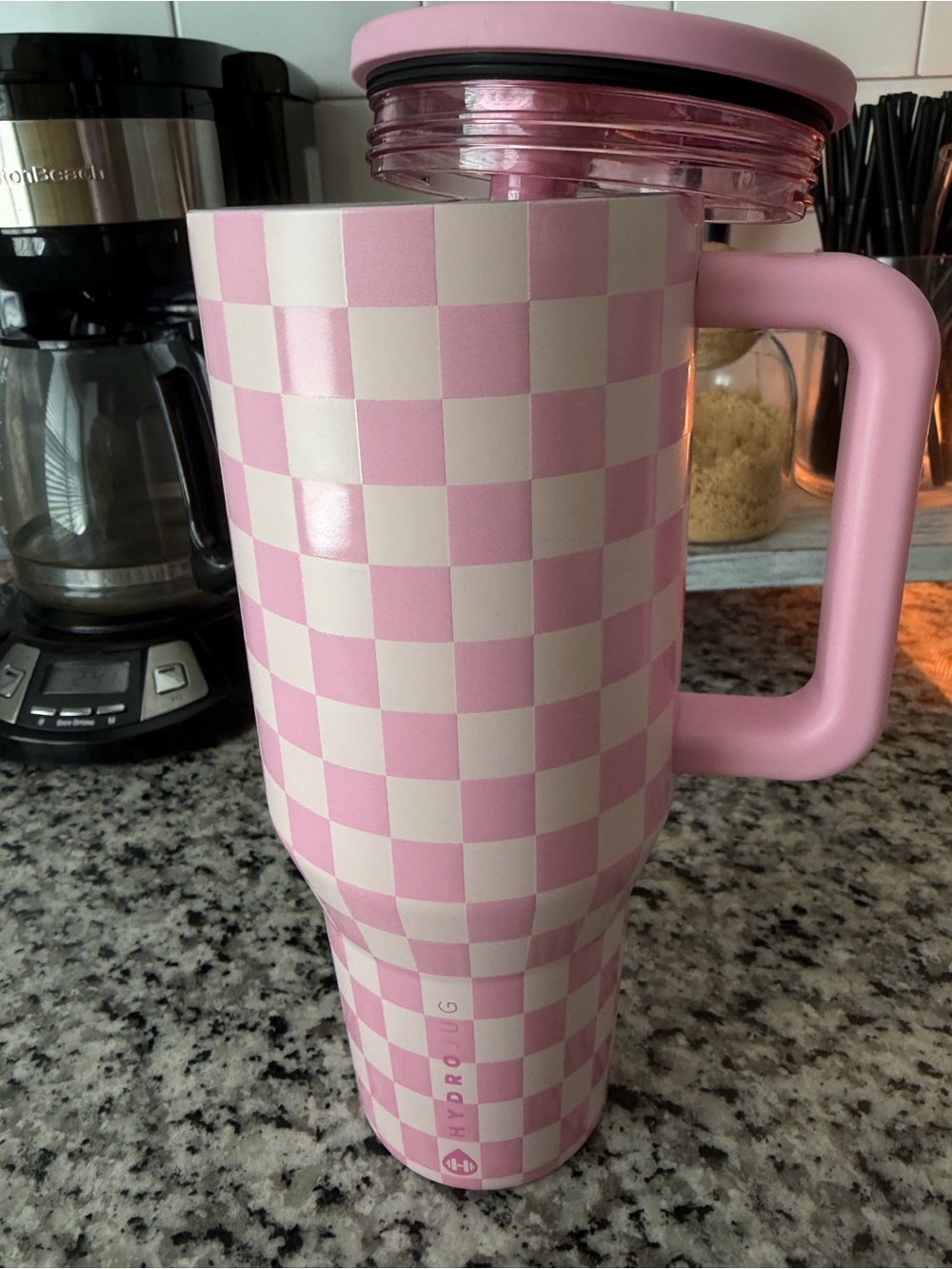 HydroJug Pink & White Checkered Insulated Travel Mug with Handle